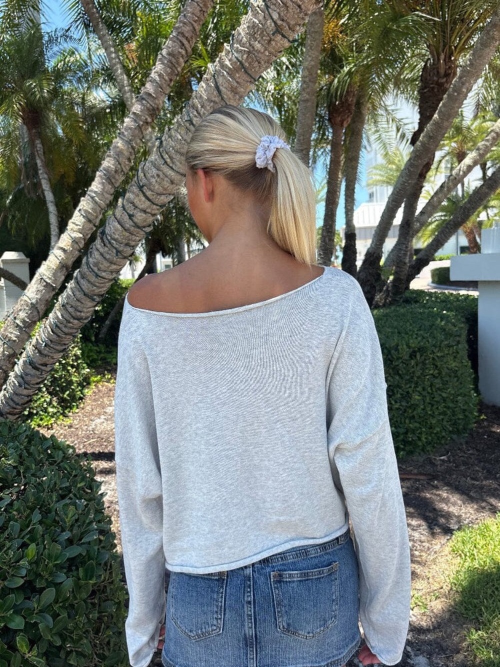 100% Cotton Off-the-Shoulder Light Gray Knit Sweater